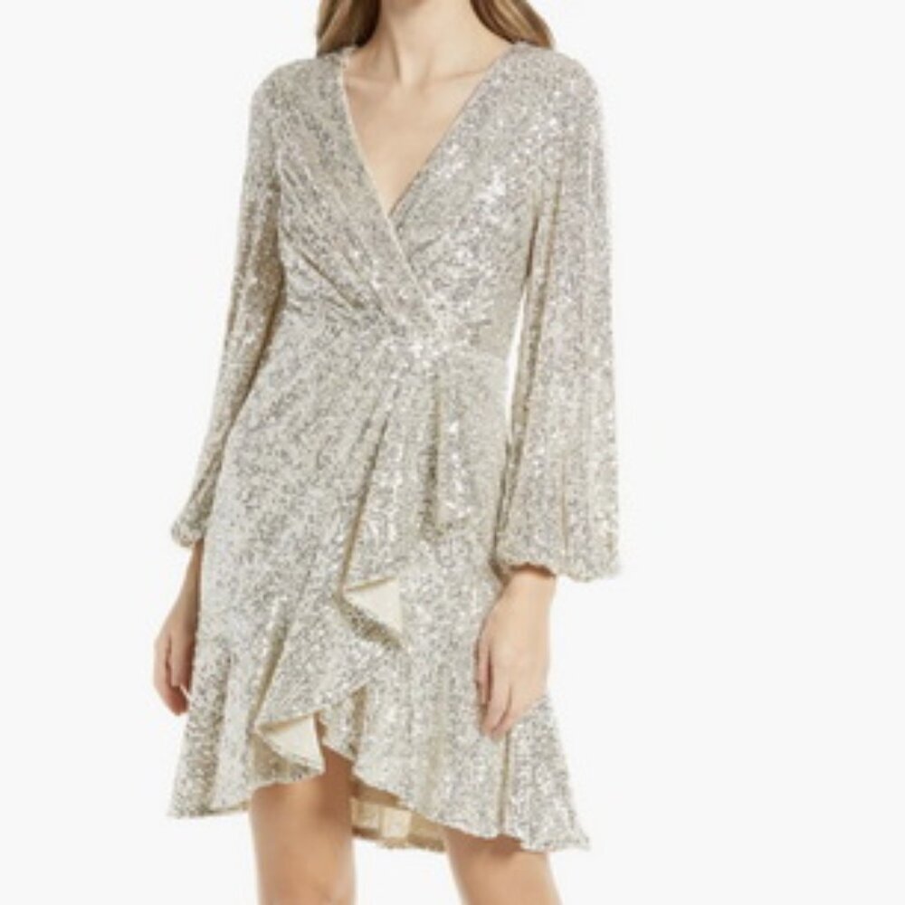 Eliza J Silver Sequin Ruffle Long Sleeve Dress Dress